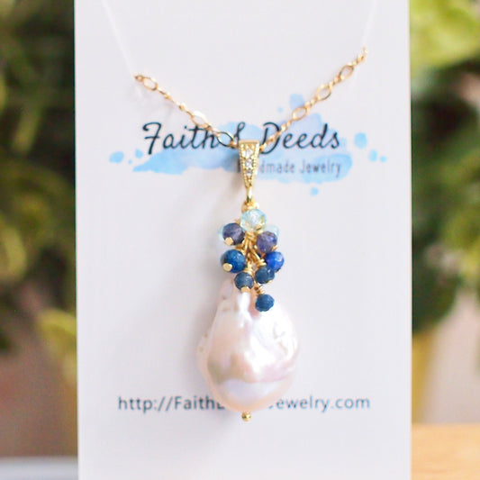 Baroque Pearl x Gem Cluster Pendant // Flameball Pearl // Long Statement Necklace // 14K Gold-filled