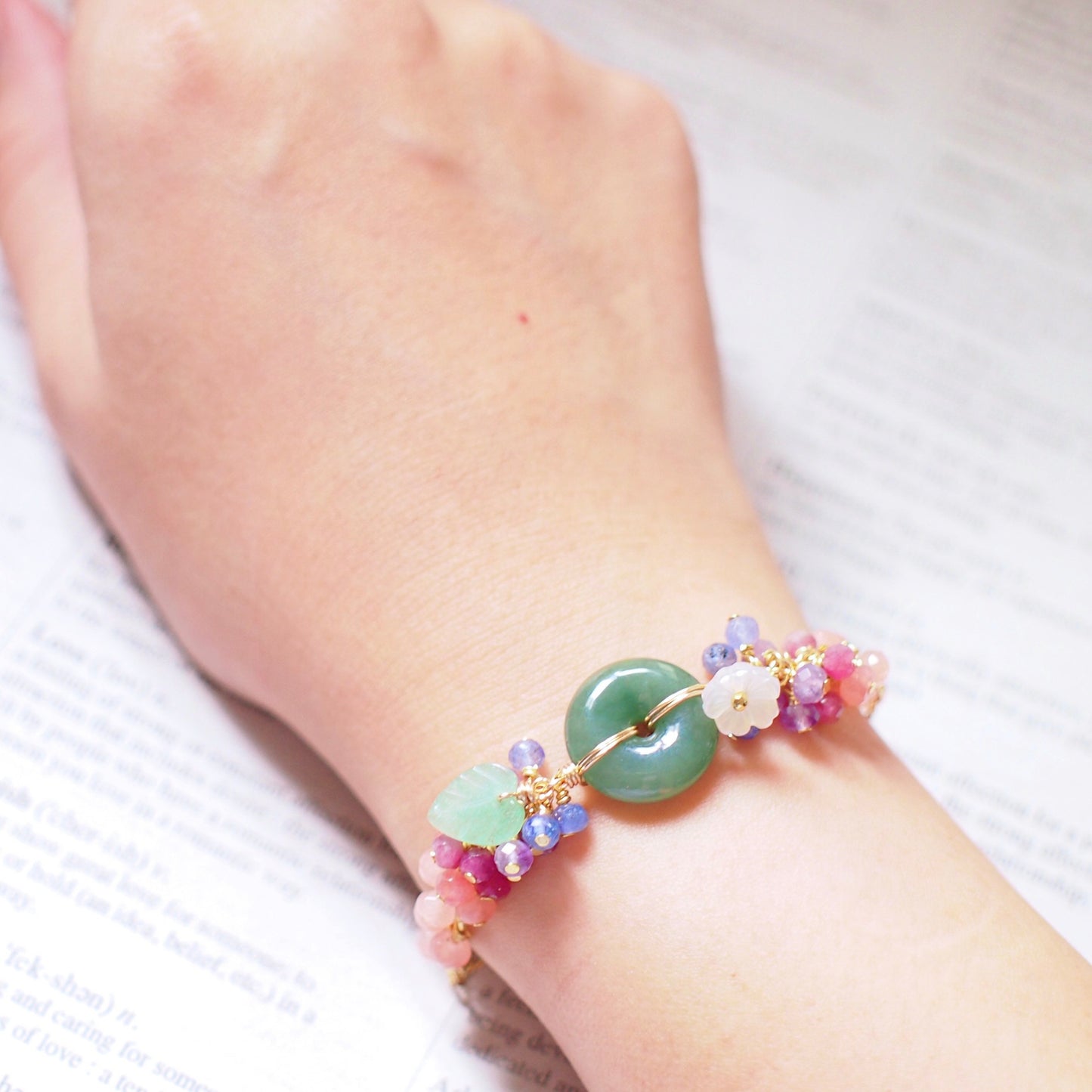 Type A Burmese Jade Donut Bracelet // Floral Design // 14K Gold-filled // Lovely & Whimsical