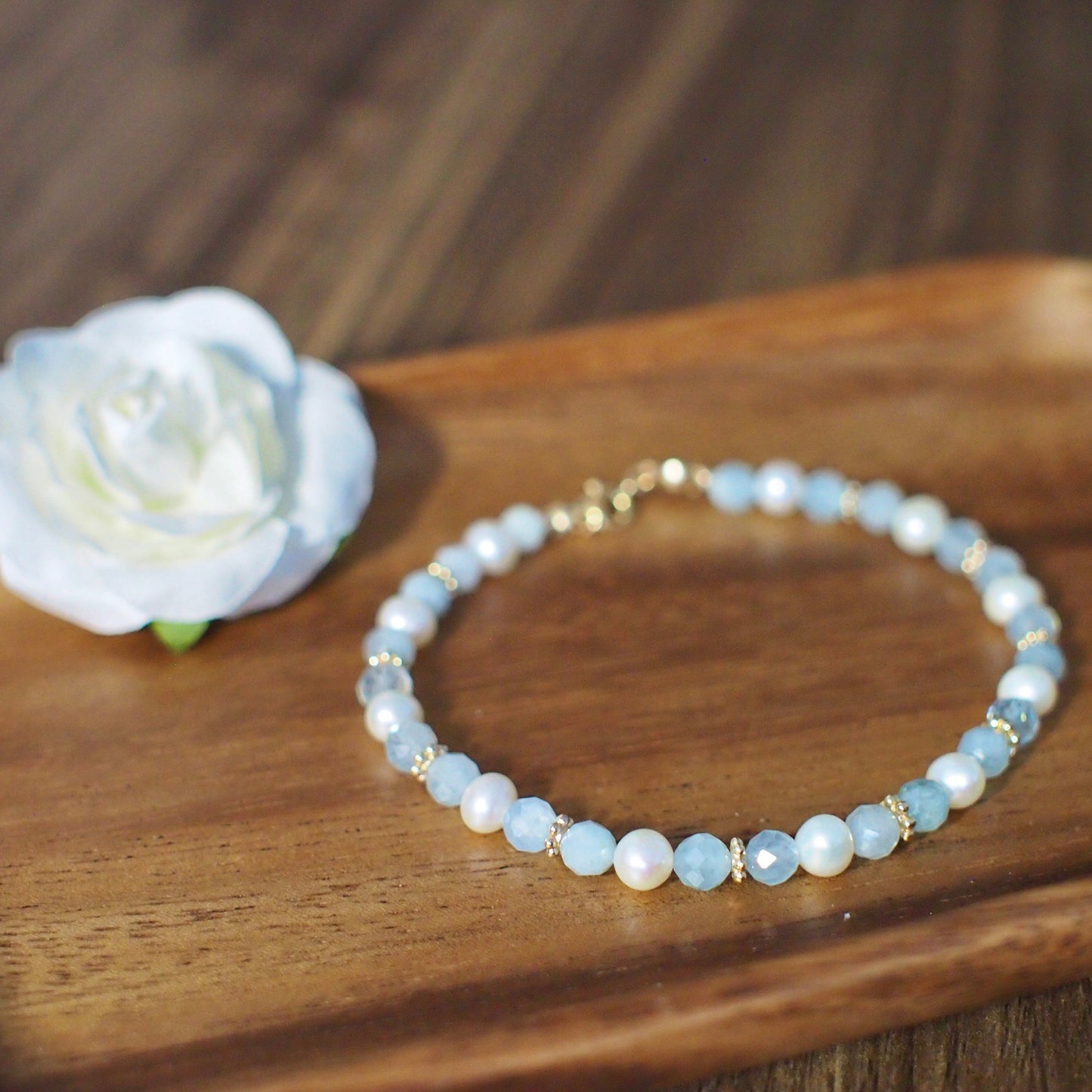 Aquamarine x Pearl Bracelet // Feminine & Chic // Stackable // 14K Gold-filled