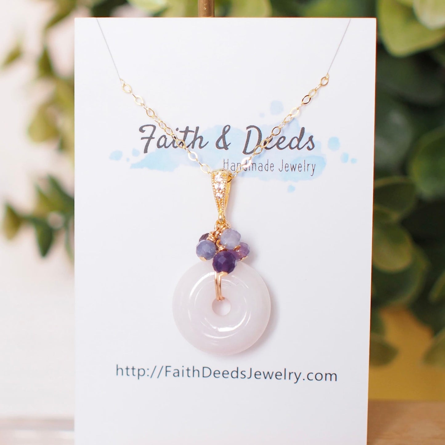 Type A Burmese White Jade Donut Pendant // Purple Gem Cluster // 14K Gold-filled // Elegant & Feminine