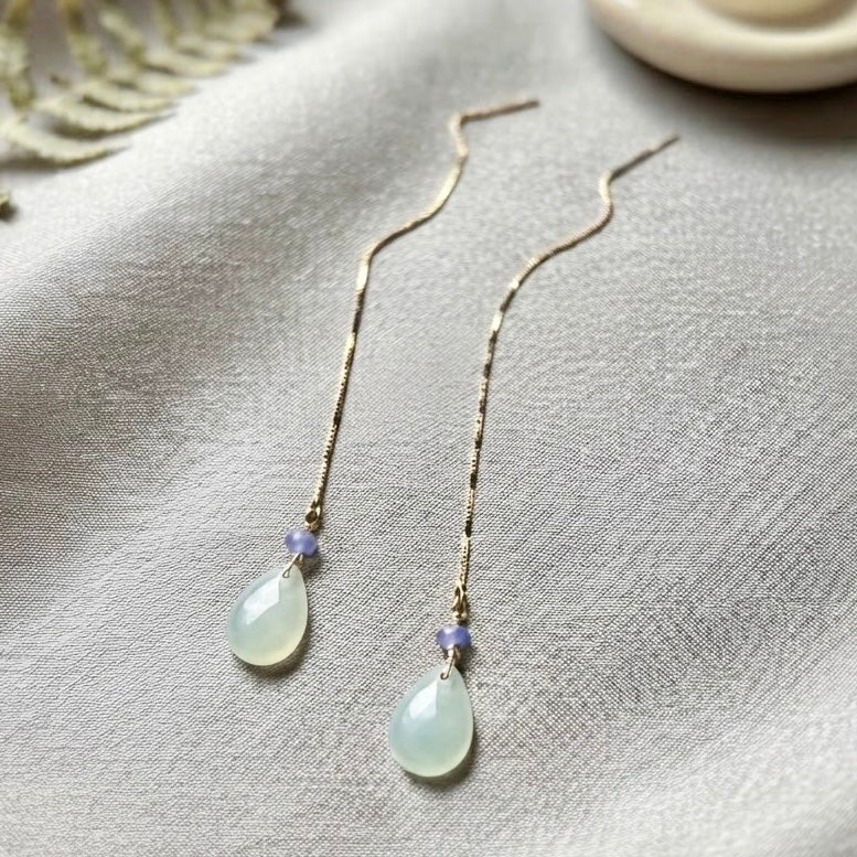 Type A Burmese Jade Drop Threader Earrings // Icy Green Jade