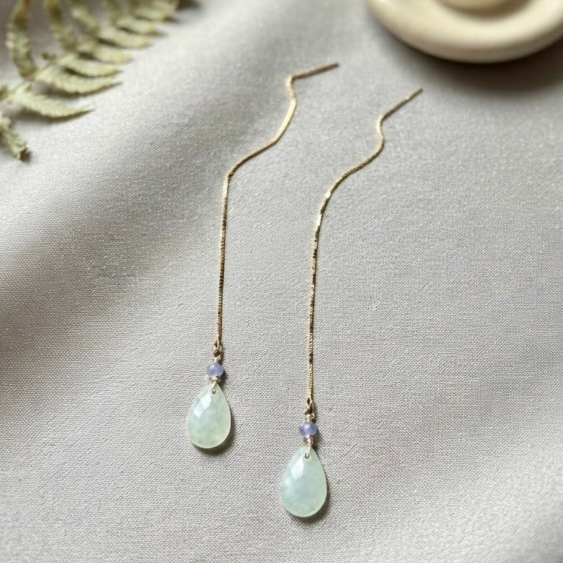 Type A Burmese Jade Drop Threader Earrings // Icy Green Jade