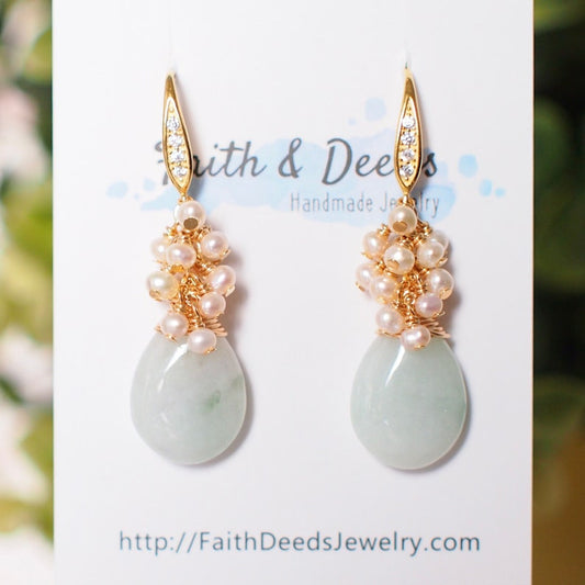 Type A Burmese Jade Drops Earrings // Pearl Cluster // 14K Gold-filled // Elegant & Stunning