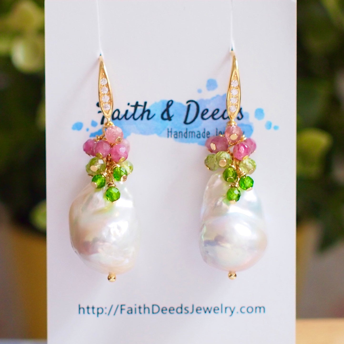 Baroque Pearl Earrings // Statement Earrings // Gems Cluster // Pink Tourmaline x Apatite x Peridot // 14K Gold-filled