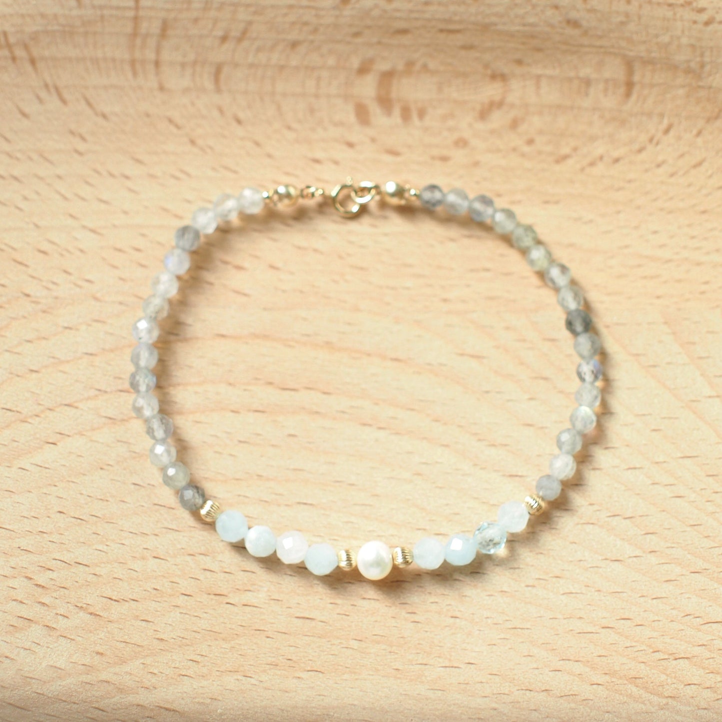 Aquamarine x Labradorite Bracelet // Pearl Charm // Dainty // 14K Gold-filled