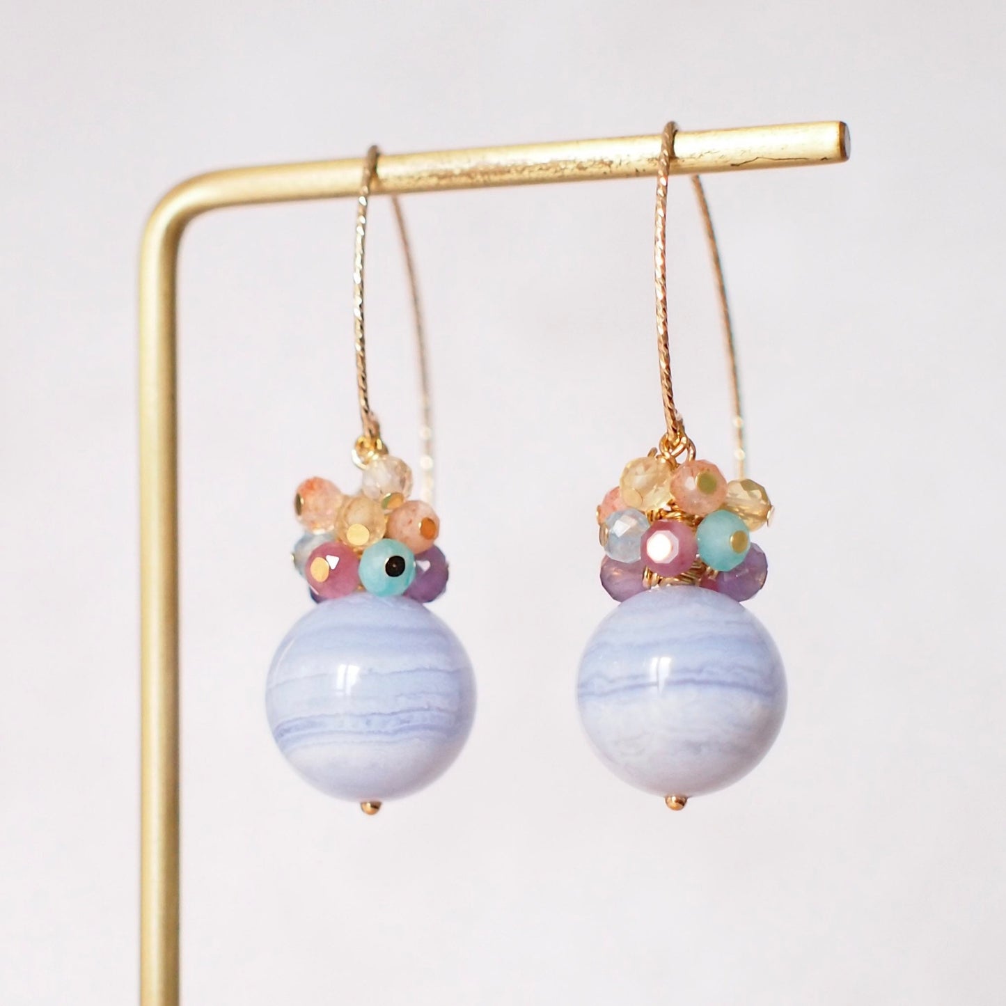 Blue Lace Agate Earrings // Rainbow Gems Cluster// Statement Earrings // 14K Gold-filled // One of kind