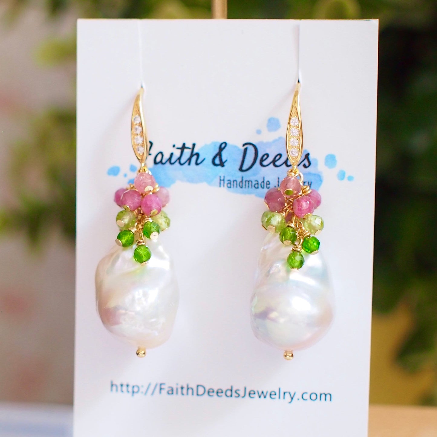 Baroque Pearl Earrings // Statement Earrings // Gems Cluster // Pink Tourmaline x Apatite x Peridot // 14K Gold-filled