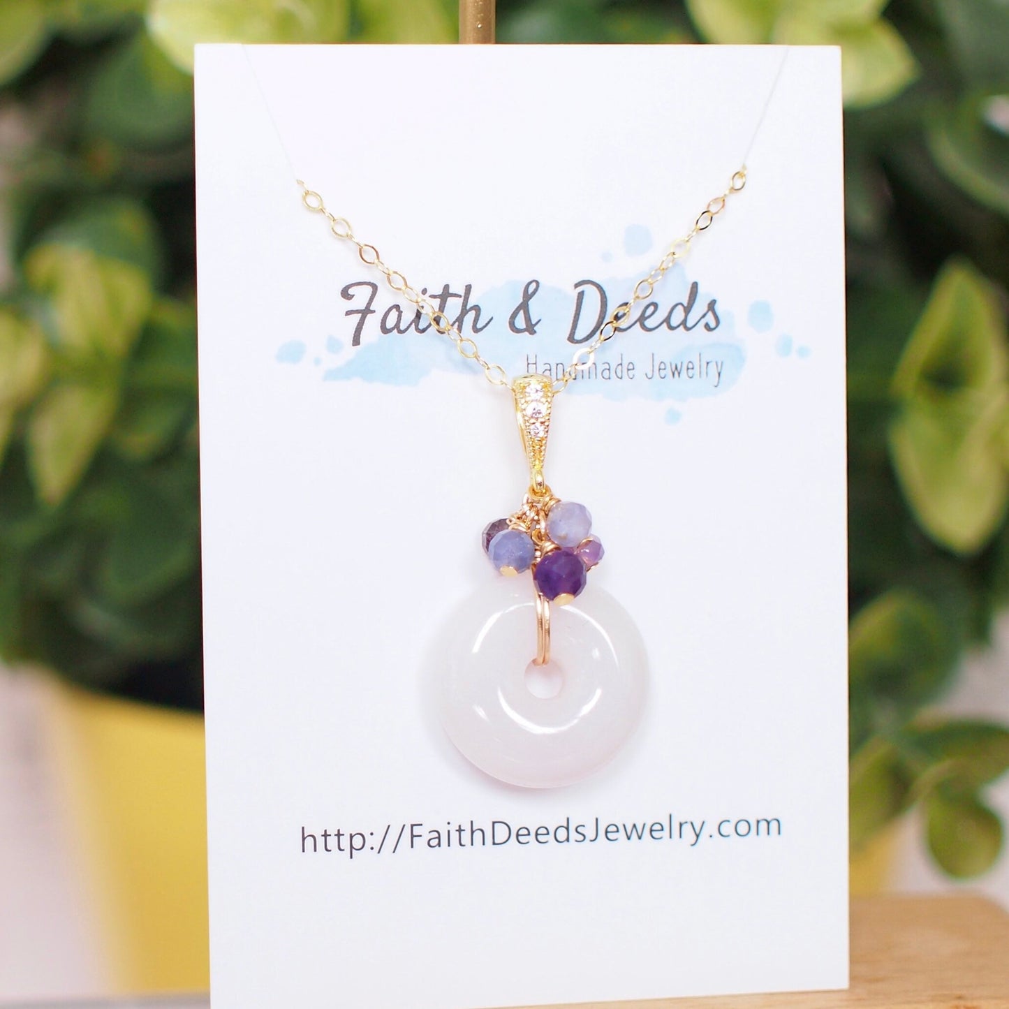 Type A Burmese White Jade Donut Pendant // Purple Gem Cluster // 14K Gold-filled // Elegant & Feminine