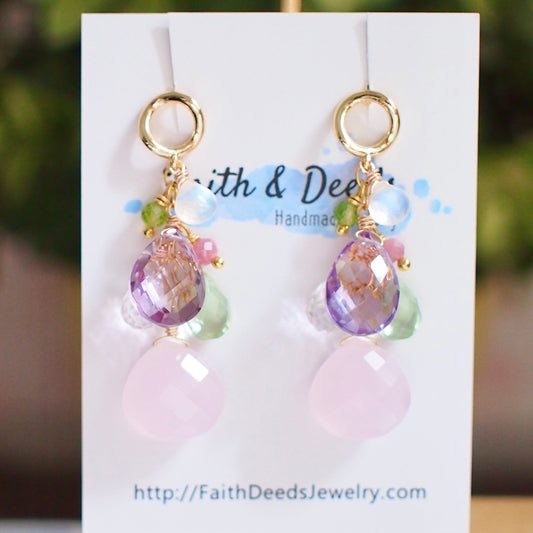 Multi Stones Dangle Earrings // Pink Quartz // Lovely & Feminine // 14K Gold-filled