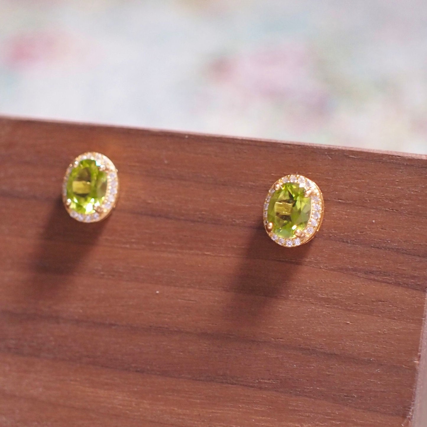 Peridot Earrings // Halo Setting // Cubic Zirconia // 18K Yellow Gold Plated Over Silver