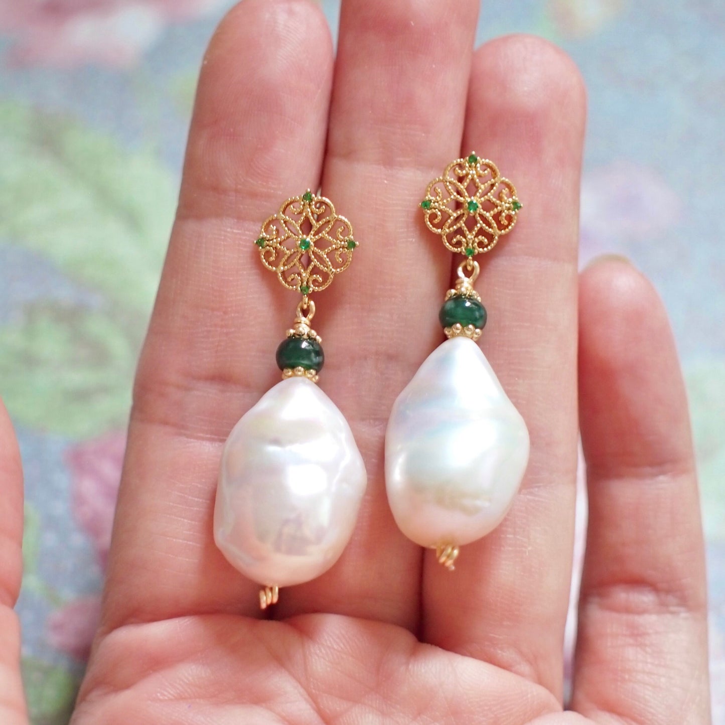 White Baroque Pearl x Jade Rondelle Earrings // Flameball Pearls // Classic & Feminine
