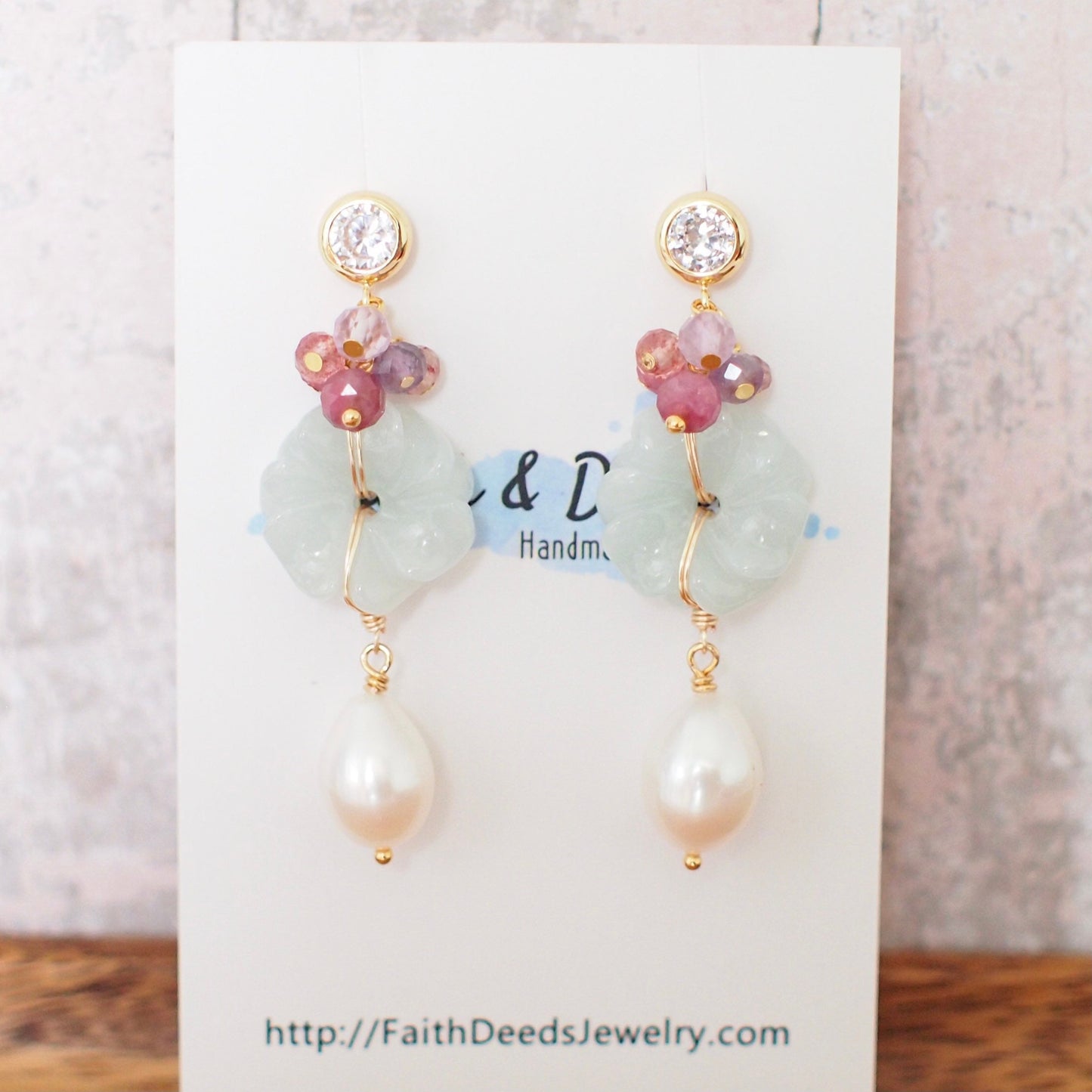 Type A Burmese Carved Jade Flower Earrings // Fresh Water Pearls // 14K Gold-filled // Sweet & Graceful