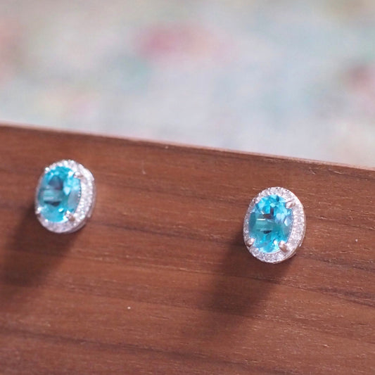 Blue Topaz Earrings // Halo Setting // Cubic Zirconia // 18K White Gold Plated Over Silver