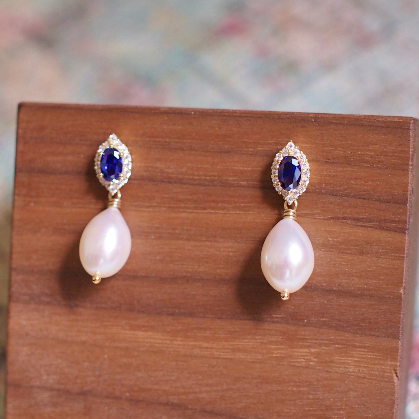 Blue Spinel x Pearl Earrings // Halo Setting // Cubic Zirconia // 14K White Gold Plated Over Silver