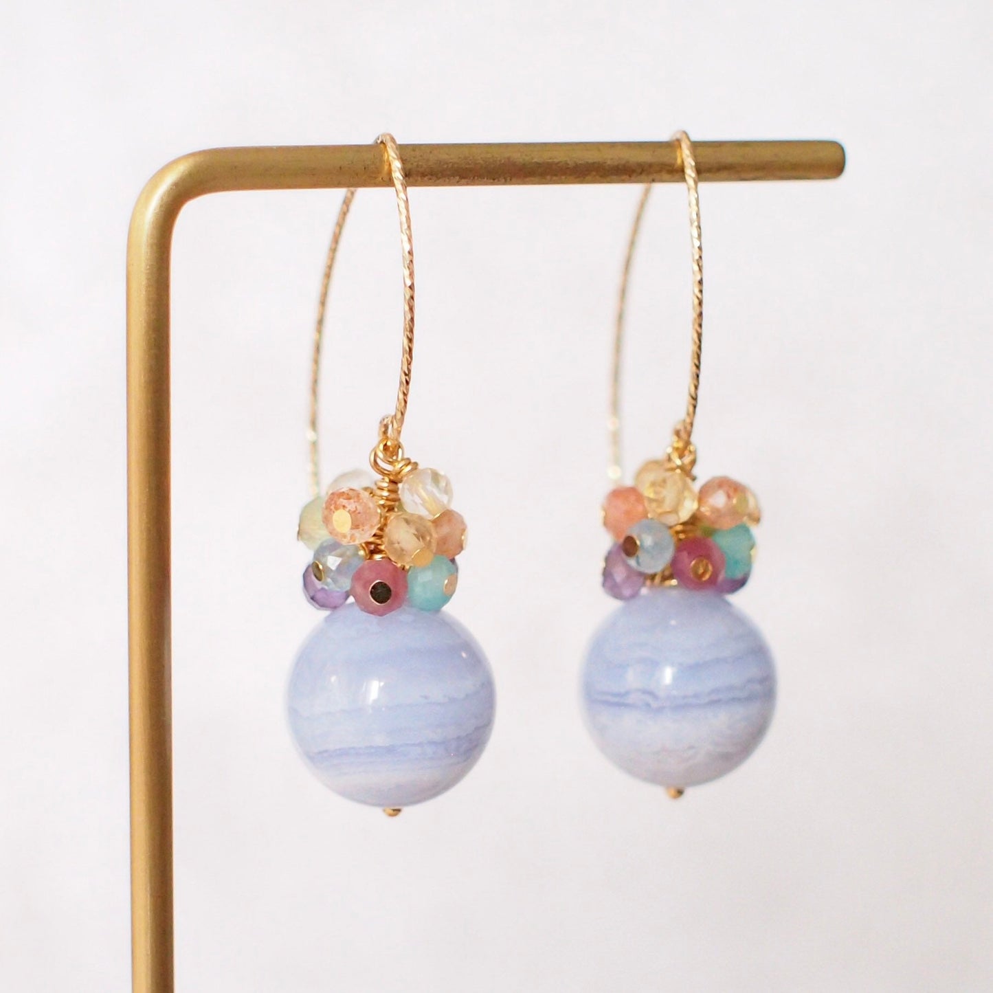 Blue Lace Agate Earrings // Rainbow Gems Cluster// Statement Earrings // 14K Gold-filled // One of kind