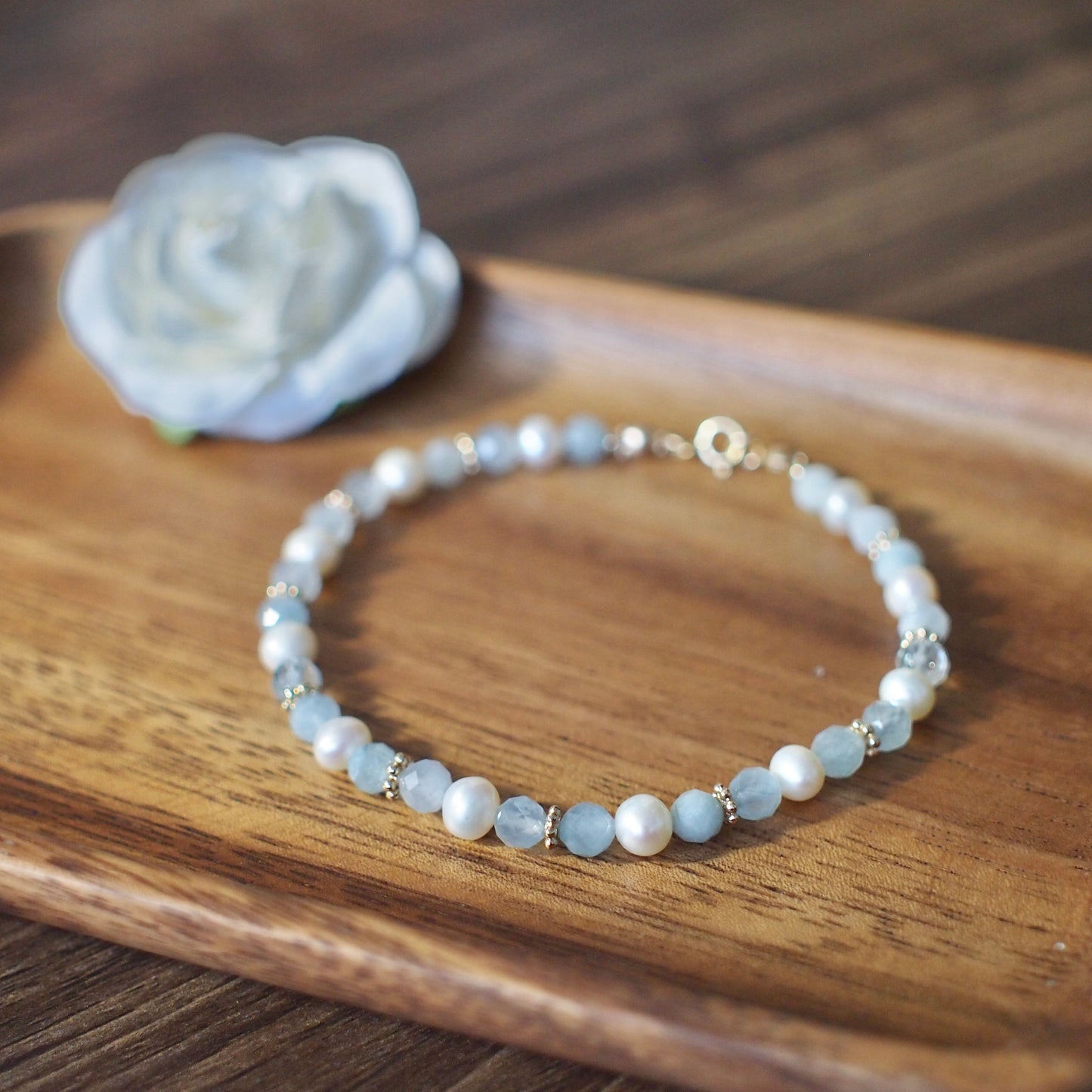 Aquamarine x Pearl Bracelet // Feminine & Chic // Stackable // 14K Gold-filled