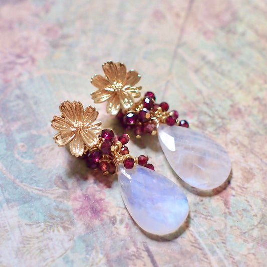 Rainbow Moonstone Earrings // Statement Earrings // Garnet Cluster // Regal & Elegant