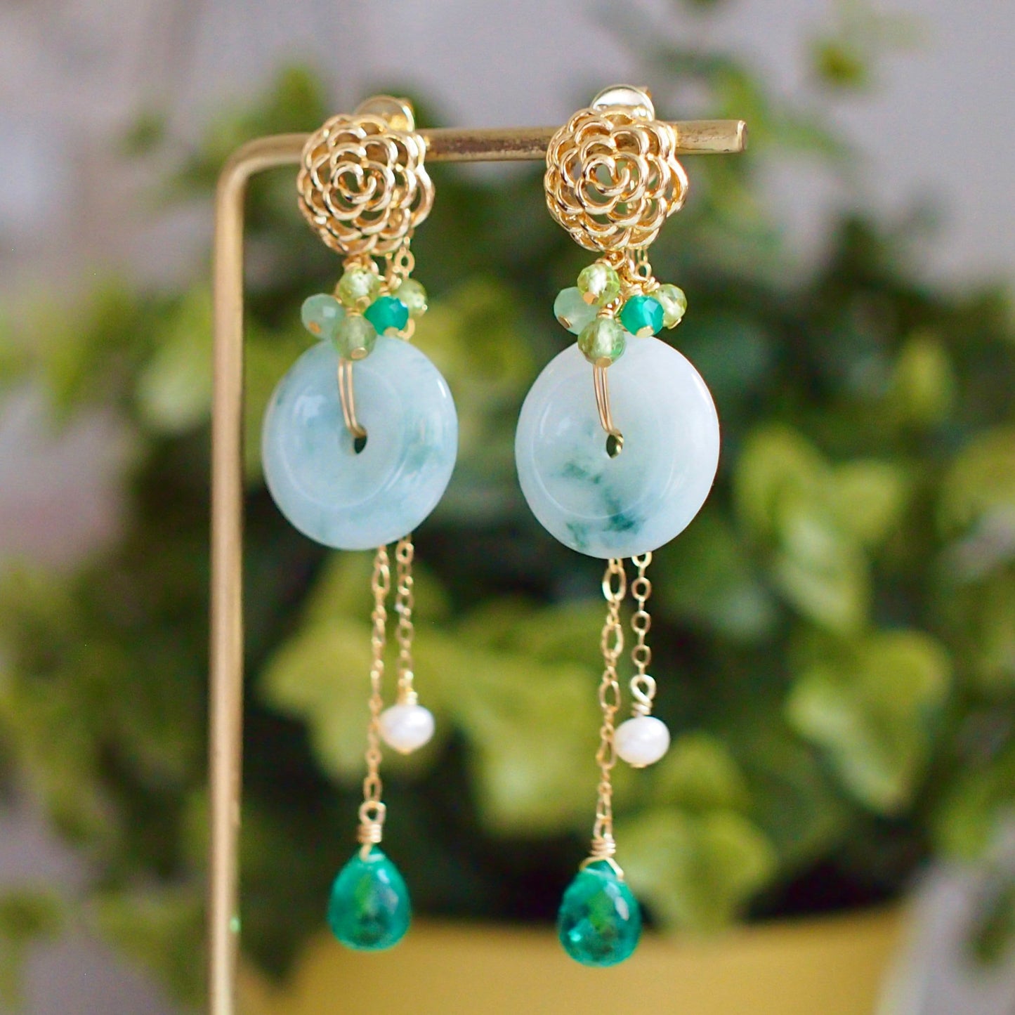 Type A Burmese Jade Donut Earrings // Gem Cluster // 14K Gold-filled // Detachable Dangles