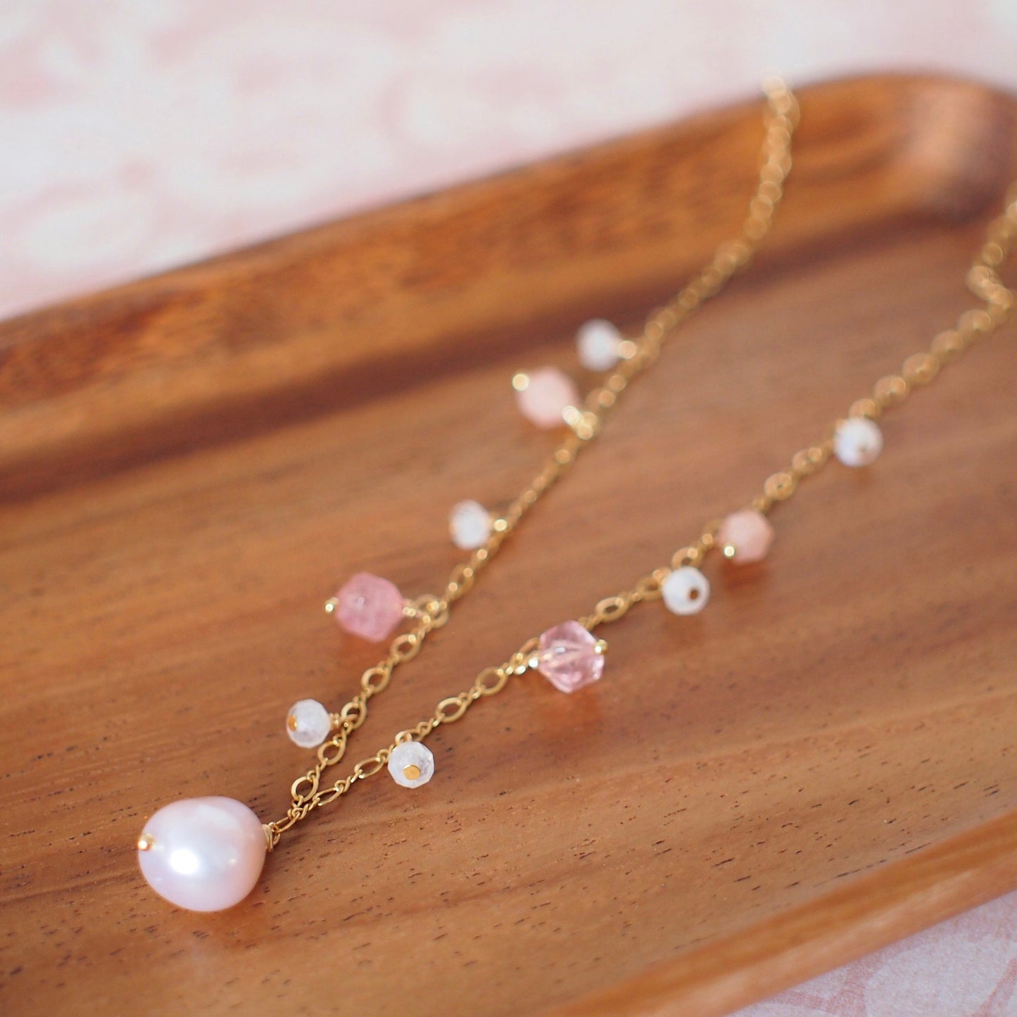 Pink Baroque Pearl Necklace // Gem Charms // Strawberry Quartz x Sunstones x Moonstones // 14K Gold-filled