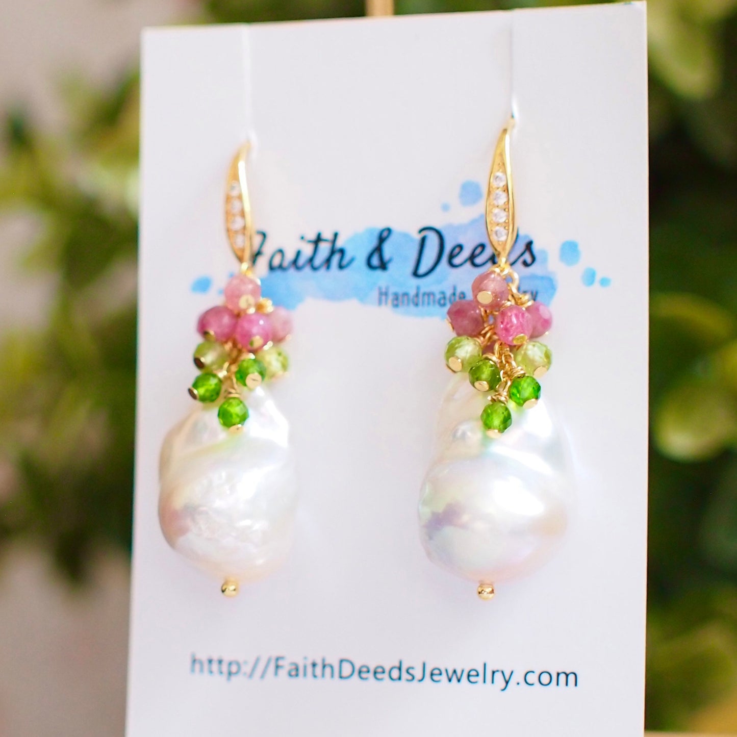 Baroque Pearl Earrings // Statement Earrings // Gems Cluster // Pink Tourmaline x Apatite x Peridot // 14K Gold-filled