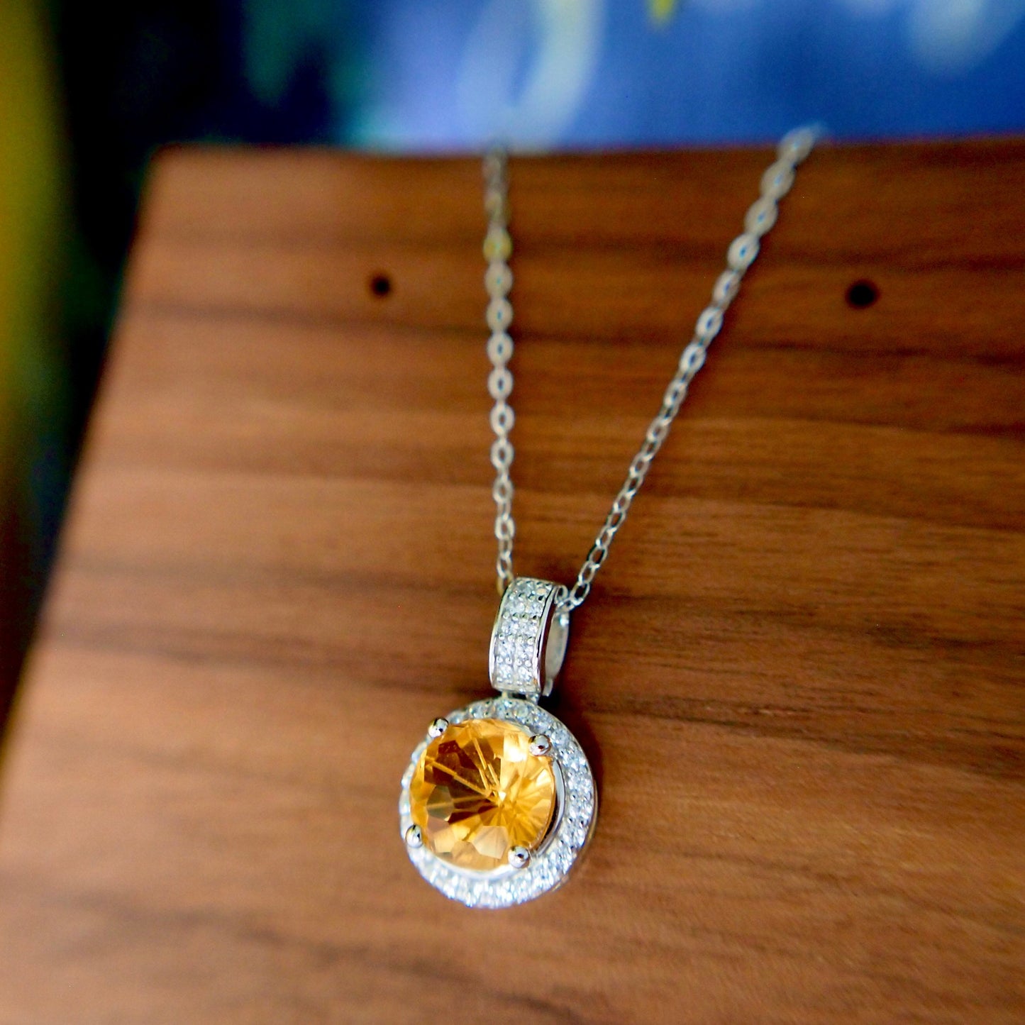 Citrine Quartz Pendant // Halo Setting // Cubic Zirconia // 18K White Gold Plated Over Silver // With Chain