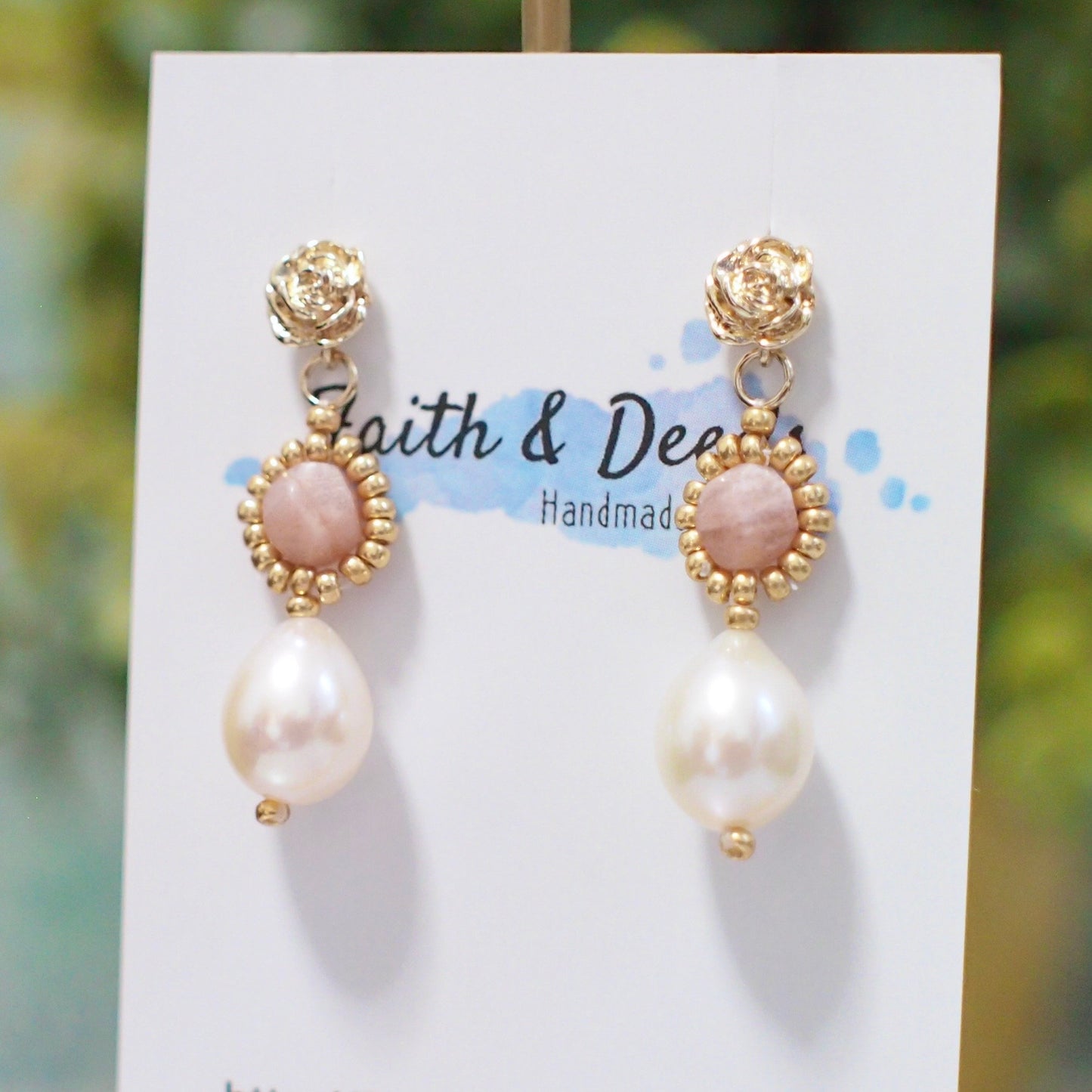 Sunstones x Baroque Pearl Earrings // Beaded // Elegant & Sweet // 14K Gold-filled
