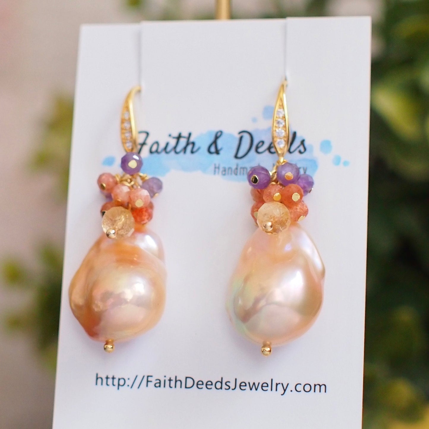 Rainbow Baroque Pearl Earrings // Gems Cluster // Flameball Pearls // Citrine Quartz x Sunstone x Amethyst // 14K Gold-filled // Vibrant