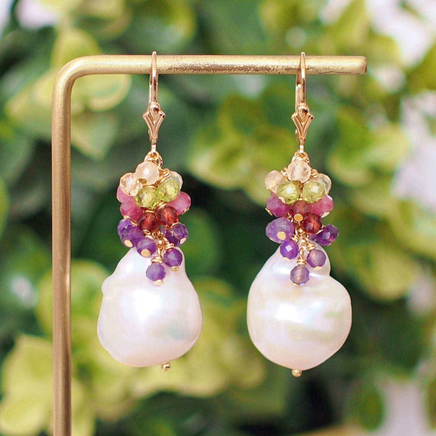Baroque Pearl Earrings // Flameball Pearls// Colourful Gems Cluster // Elaborated // 14K Gold-filled // Elegant & Gorgeous