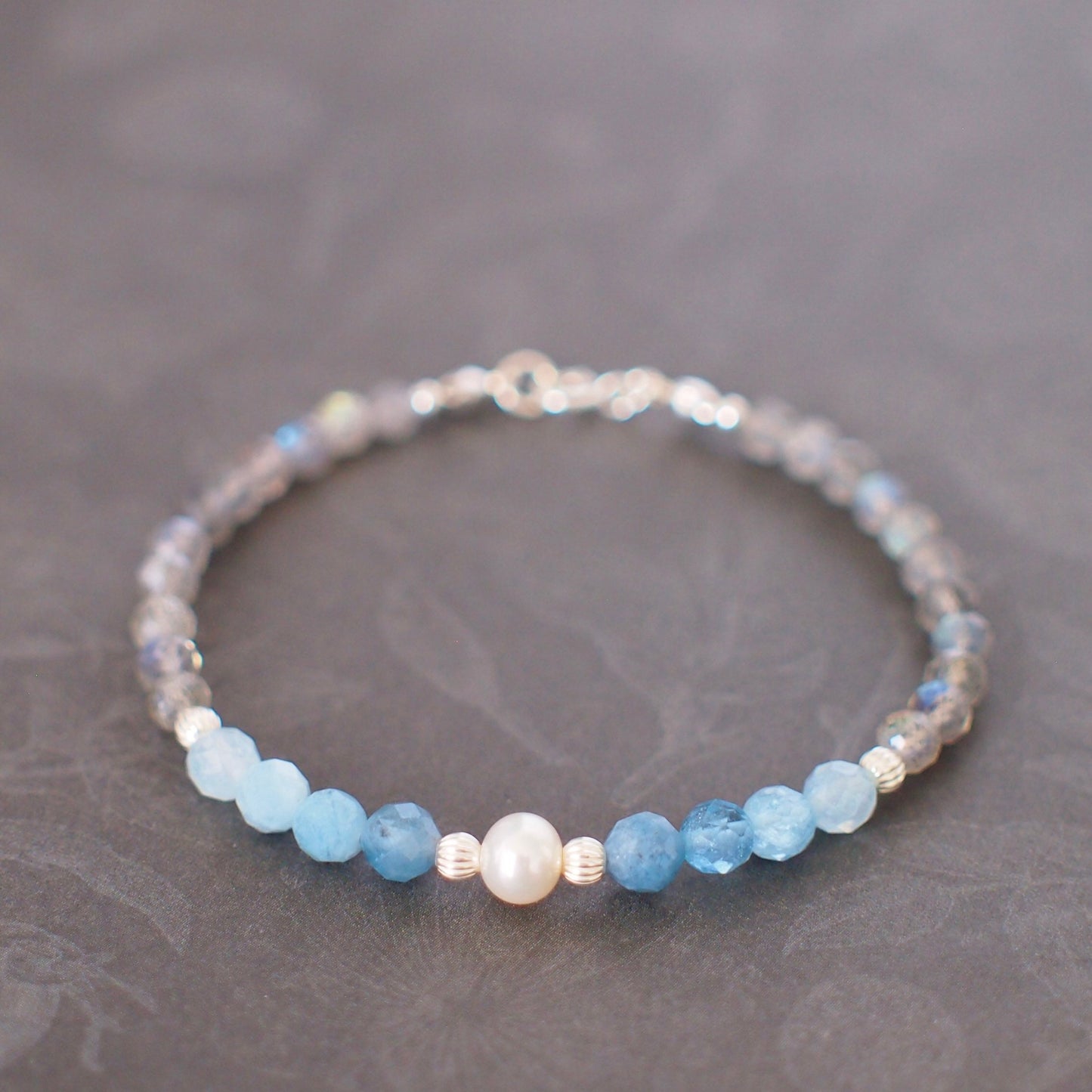 Aquamarine x Labradorite Bracelet // Pearl Charm // Dainty // 14K Gold-filled