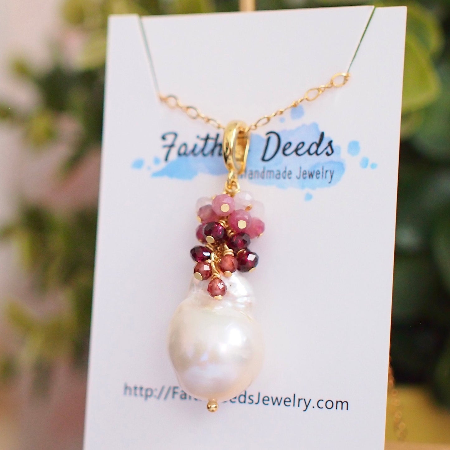 Baroque Pearl x Gem Cluster Pendant // Flameball Pearl // Long Statement Necklace // Garnet x Pink Tourmaline x Amethyst // 14K Gold-filled