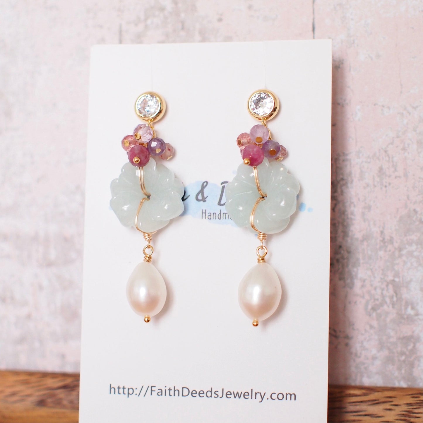 Type A Burmese Carved Jade Flower Earrings // Fresh Water Pearls // 14K Gold-filled // Sweet & Graceful