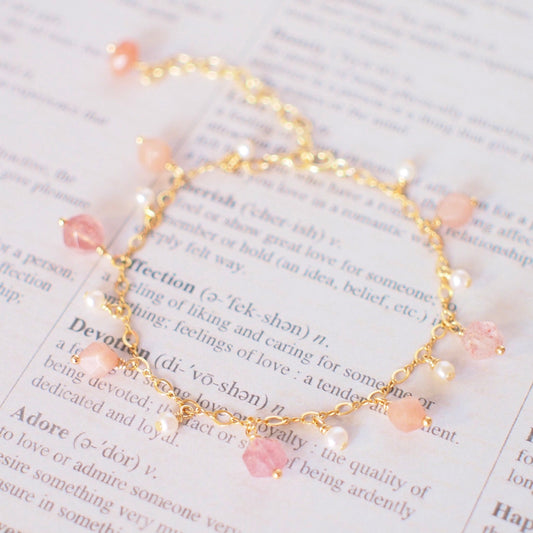 Sunstones x Strawberry Quartz x Pearls Charm Bracelet // Sparkly & Sweet // 14K Gold-filled // Dainty