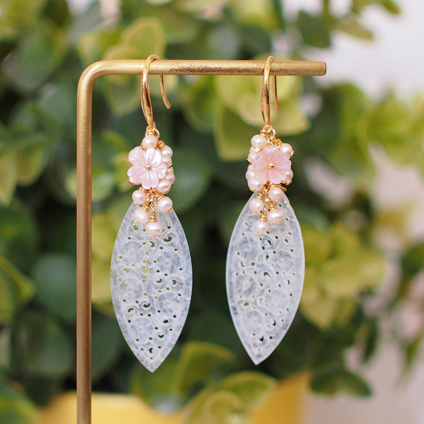 Type A White Carved Jadeite Statement Earrings // Pearl Cluster // 14K Gold-filled // Graceful & Sweet
