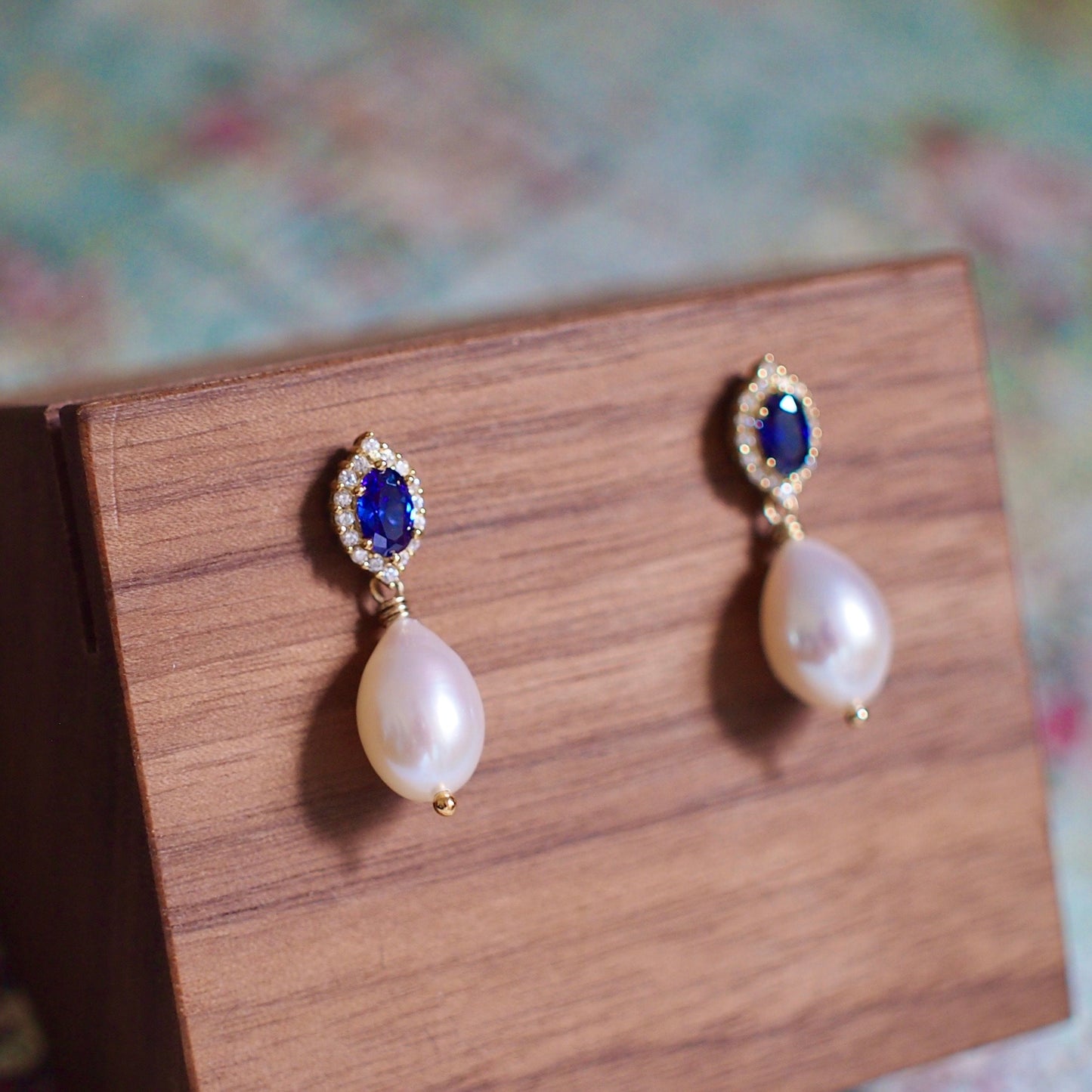 Blue Spinel x Pearl Earrings // Halo Setting // Cubic Zirconia // 14K White Gold Plated Over Silver