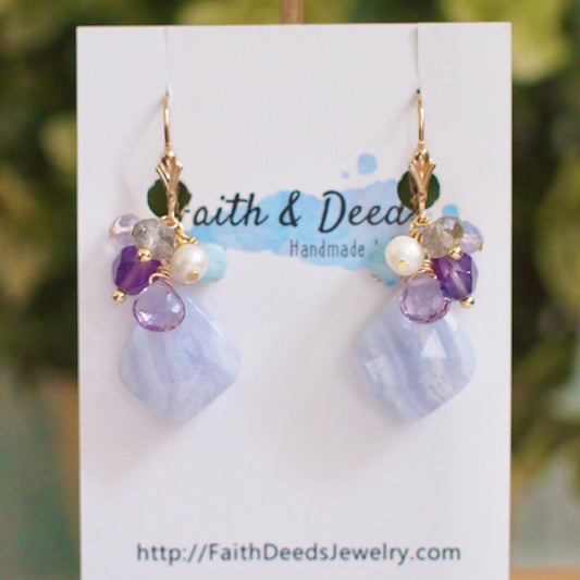 Blue Lace Agate Earrings // Gem Cluster // Elegant & Sweet // 14K Gold-filled