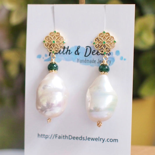 White Baroque Pearl x Jade Rondelle Earrings // Flameball Pearls // Classic & Feminine