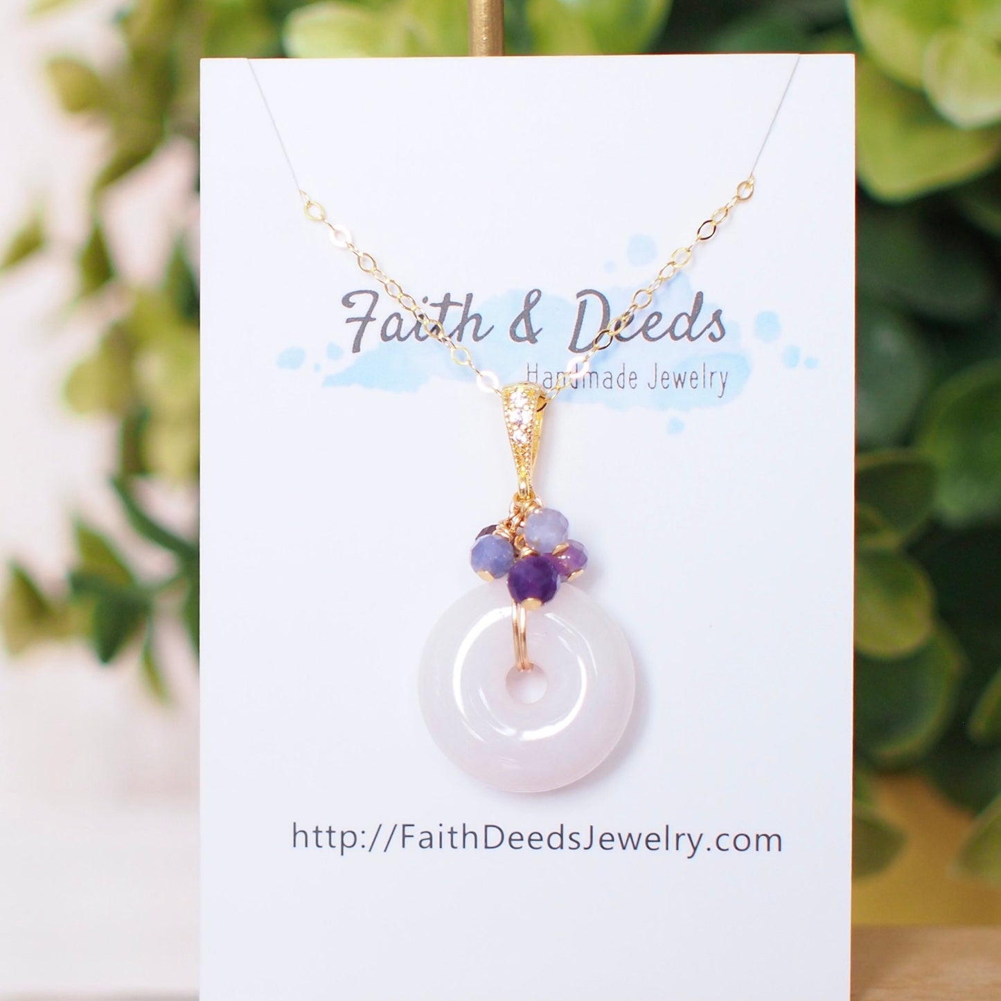 Type A Burmese White Jade Donut Pendant // Purple Gem Cluster // 14K Gold-filled // Elegant & Feminine