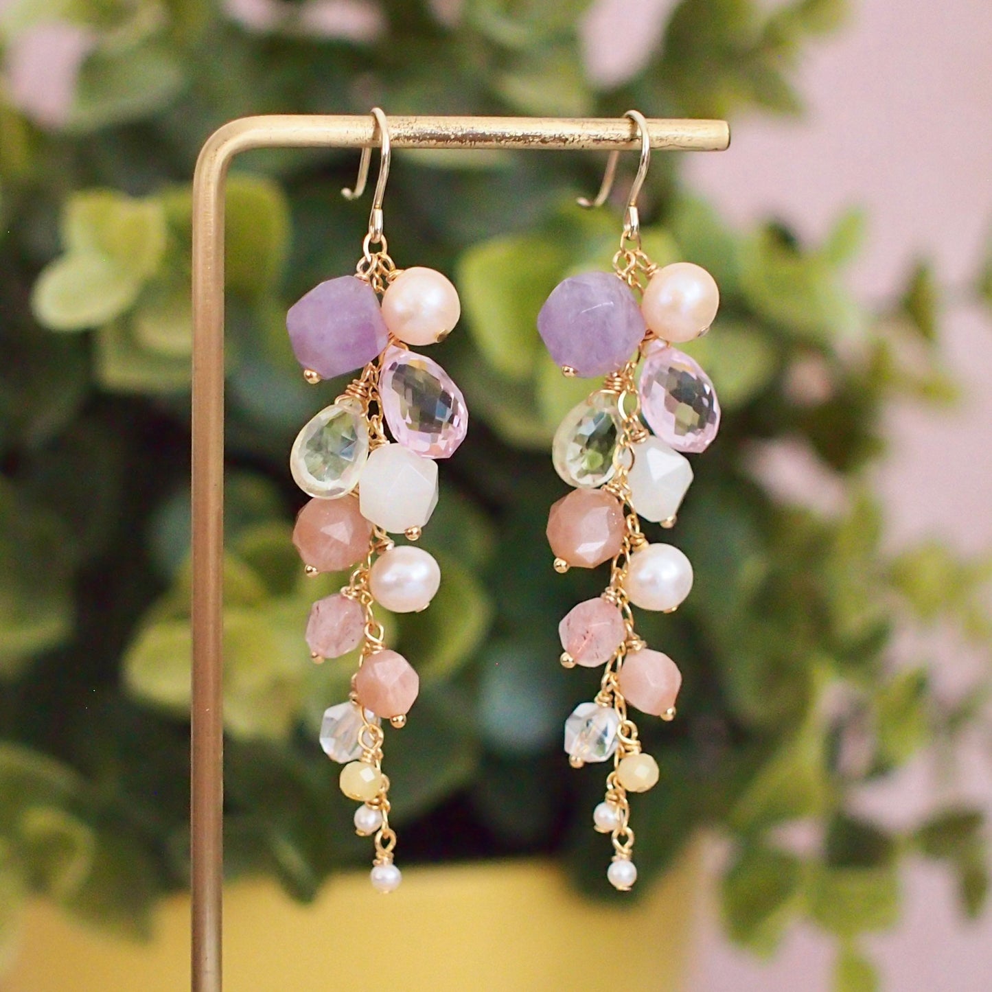 Multi Stones Dangle Earrings // Lilac Floral Theme // Dangling Style // Gems Cluster // Sparkly & Precious // 14K Gold-filled