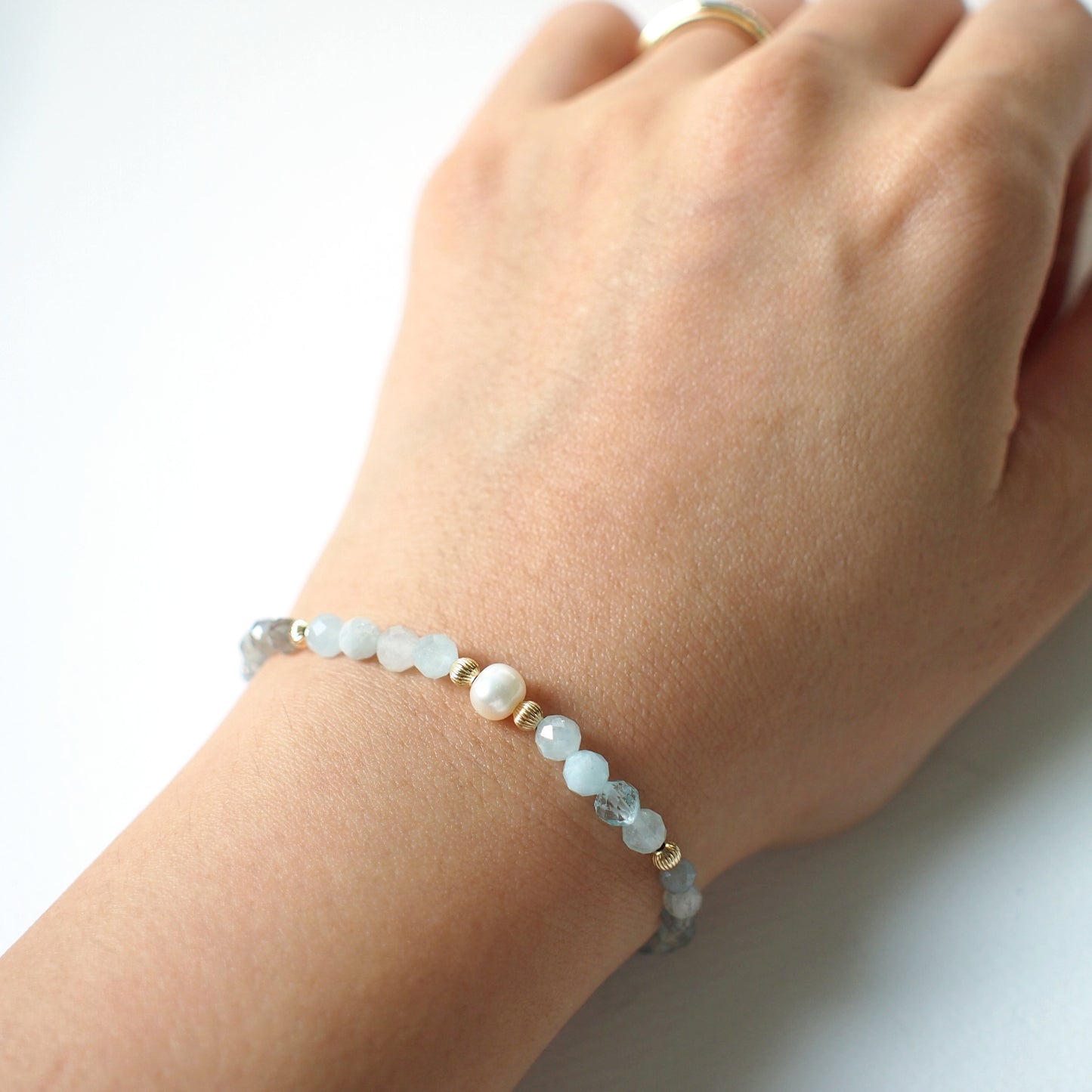 Aquamarine x Labradorite Bracelet // Pearl Charm // Dainty // 14K Gold-filled