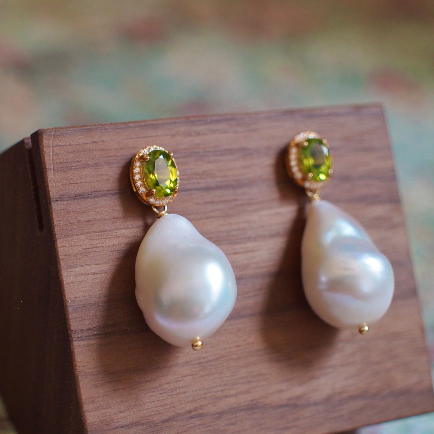 Peridot x White Baroque Pearl Earrings // Halo Setting // Cubic Zirconia // 18K Yellow Gold Plated Over Silver