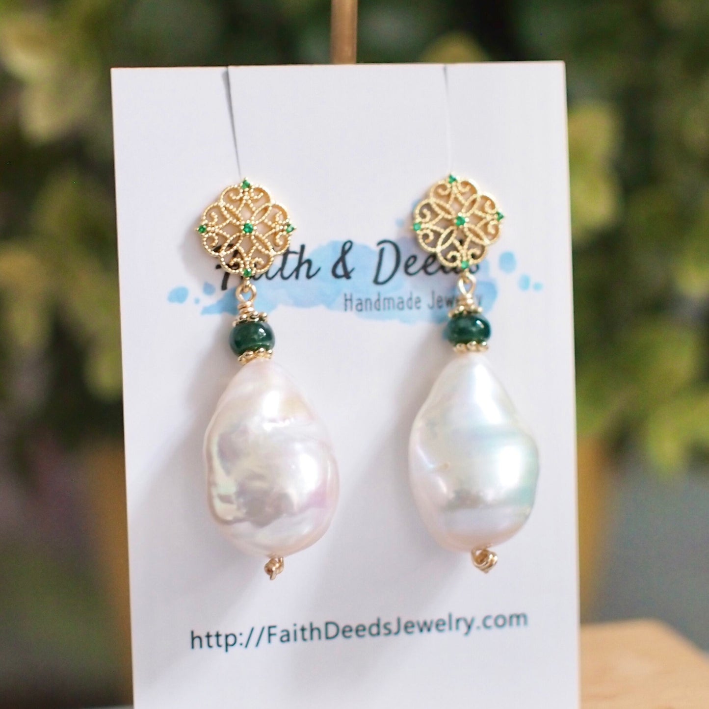 White Baroque Pearl x Jade Rondelle Earrings // Flameball Pearls // Classic & Feminine