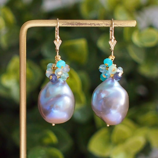 Gray Baroque Pearl Earrings // Gems Cluster // Flameball Pearls // Charming & Chic // 14K Gold-filled